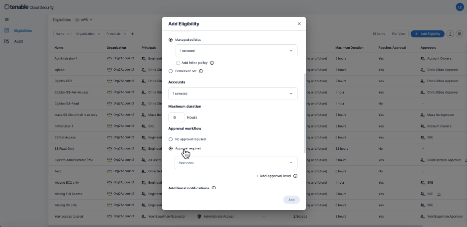 screenshot showing how to create an eligibility to request just-in-time access to a cloud environment in Tenable Cloud Security